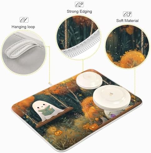 OTVEE Friendly Ghost Autumn Reading Dish Drying Mat for Kitchen
