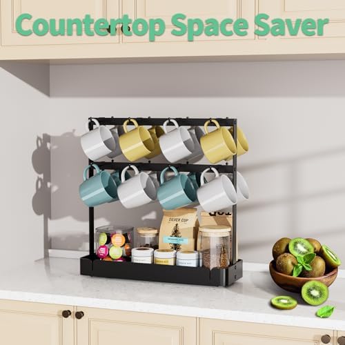 Coffee Mug Holder, 2 Tier Metal Mug Rack with 16 Movable Hooks