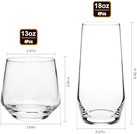 Drinking Glasses Set,4 Tall Glasses 18oz & 4 Stemless Rocks Glasses
