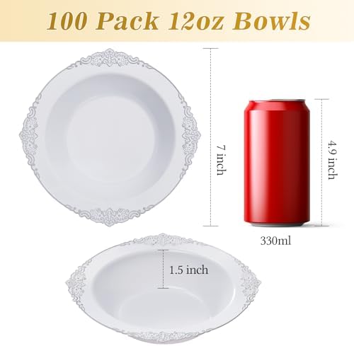 Bestluck 100 Pack White Plastic Bowls with Silver Relief Rim