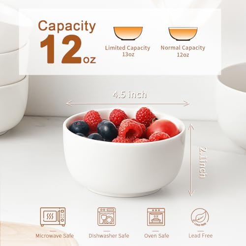 Jassceram 12 oz Ice Cream Bowls, Set of 8, 4.5 Inch, White