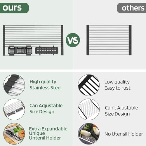 Black Expandable Roll Up Dish Drying Rack Up to 22.8''with 2 Storage