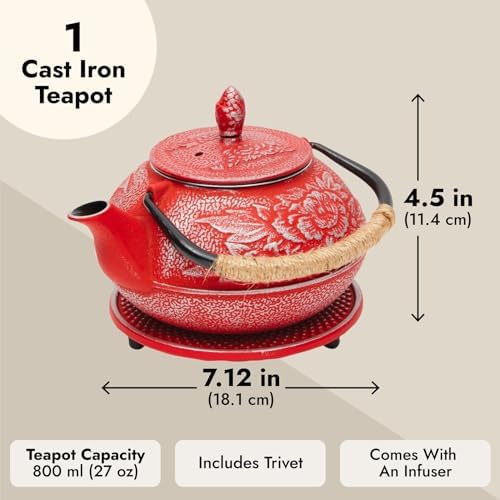 Juvale Japanese Cast Iron Teapot with Infuser - Red, 27 oz (800 ml)