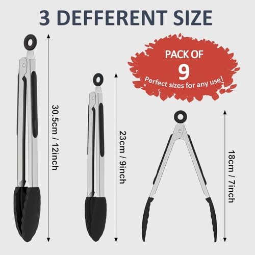 9 Pieces Silicone Tongs, 7, 9, 12 Inches