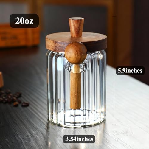 TIWPAJS Coffee Grounds Canister with Wooden Spoon and Lid, Ribbed