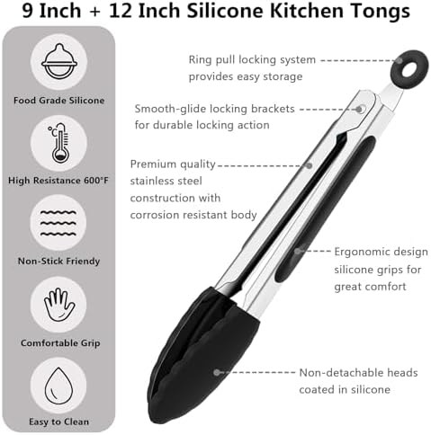 Kitchen Tongs with Non-Stick Silicone Tips, 9 and 12 Inch