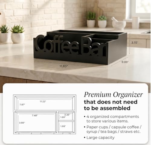 Coffee Bar Organizer Countertop,Wood Caddy with Compartments for