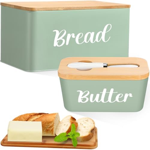 Hushee Metal Bread Box Butter Dish with Bamboo Cutting Board, Sage