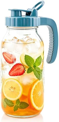 Mason Jar Pitcher 64 Oz With Pour Spout Lid Wide Mouth Glass Water
