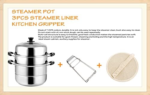 11.8inch Steam Pots with 3pcs Steamer Liners and Kitchen gripper 3-tier Stainless Steel Steamer Pot with Lid for Cooking Multipurpose Vegetable, Dumpling, Stock, Sauce