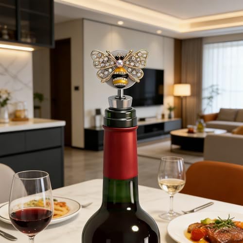 Bee Wine Stopper (Set of 2), Gold Enamel Bumblebee Bottle Topper with