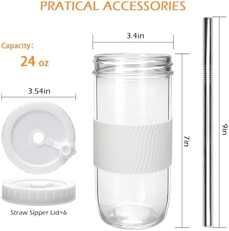 Mapoxy 6 Pack 24oz Mason Jar Cups with Lids and Straws, White Boba