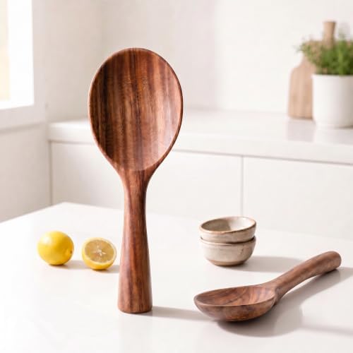 Ninefish Acacia Wood Rice Paddle Set, 2-Piece Non-Stick Wooden