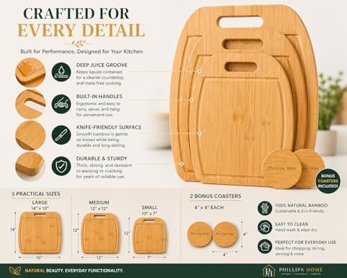 Bamboo Cutting Board Set of 3 for Kitchen – Large, Medium, Small
