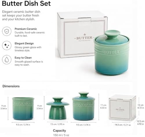 Ceramic French Butter Crock with Lid, Green