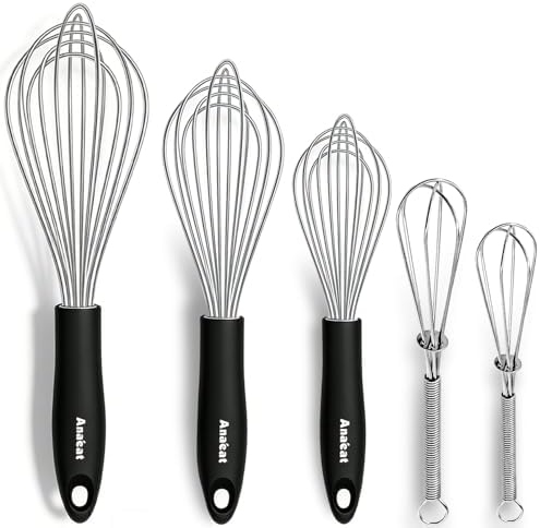 Anaeat Stainless Steel Kitchen Whisk Set of 5, Milk and Egg Beater