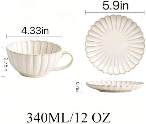 Vintage Porcelain Coffee Cup and Saucer Set, 12 OZ Ceramic Latte Mug