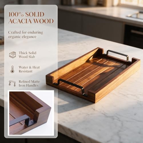 17" x 11" x 2" Acacia Wood Serving Tray with Black Iron Handle