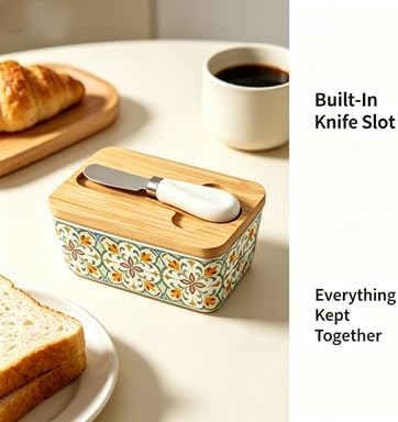 Butter Dish with Lid and Knife – 350ml Ceramic Butter Container with