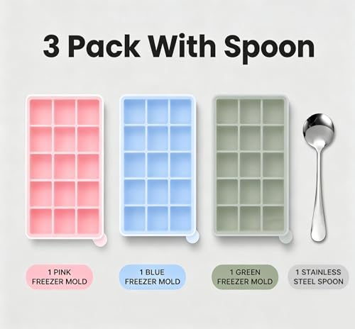1 Tbsp Silicone Freezer Tray, 3 Pack with Lids & spoon, BPA-Free