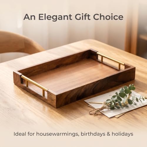 Walnut Wood Serving Tray with Metal Handles, Decorative Wooden Tray
