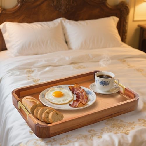 Acacia Wood Serving Tray with Metal Handles, 17x12in Food Drinks Tray