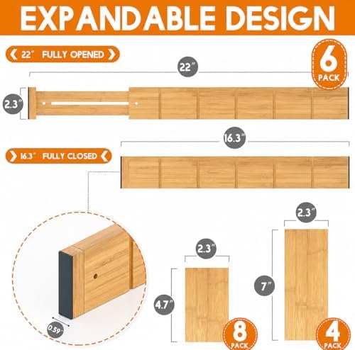 Expandable and Adjustable Bamboo Drawer Dividers with 12 Inserts