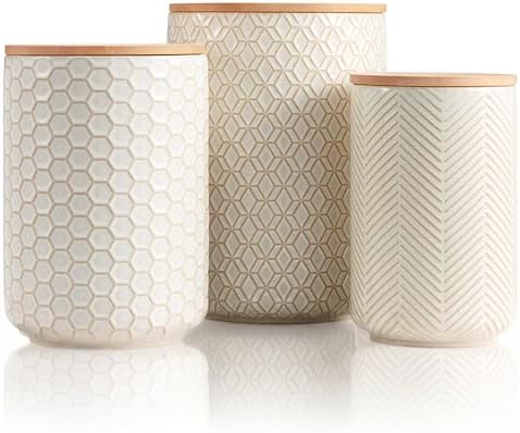 Kook Ceramic Storage Containers, Embossed, Bamboo Lids, Set of 3