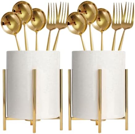 2-Piece White Ceramic Cutlery Caddy with Metal Bracket