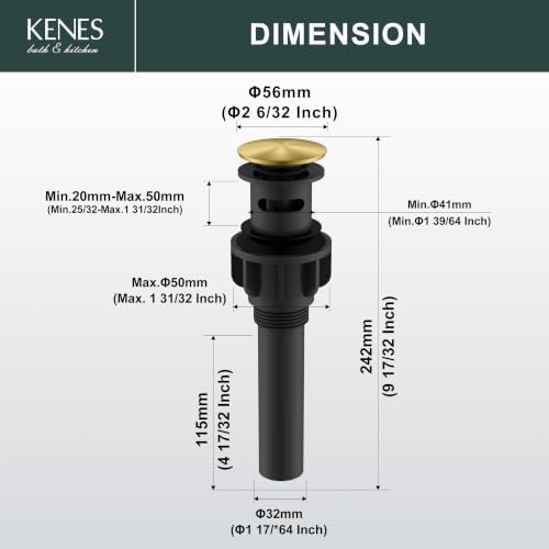 KENES Brushed Gold Pop Up Bathroom Sink Drain Assembly with Overflow