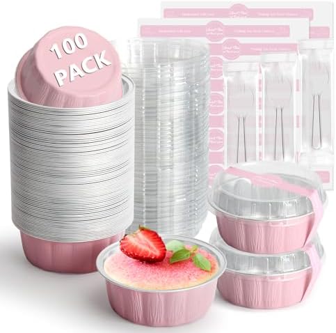 8oz 100pcs Mini Loaf Pans with Lids and Spoons,Round Pink Small Loaf