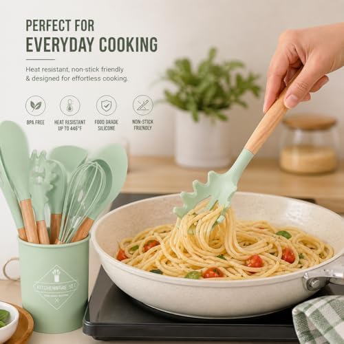 Caboh Silicone Kitchen Utensil Set, 12-Piece, Light Green