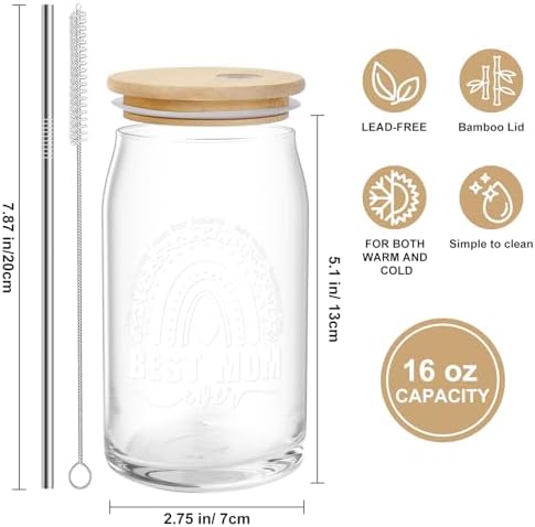 Gifts for Mom from Daughter Son, Can Glass Cups with Lids and Straws