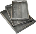 Owlgift Vintage Grey Wood Serving Trays with Brass Metal Wrap Accents