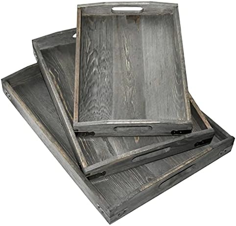 Owlgift Vintage Grey Wood Serving Trays with Brass Metal Wrap Accents