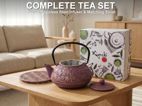 40 Oz Purple Maple Leaf Cast Iron Teapot, Enamel Interior, Infuser &