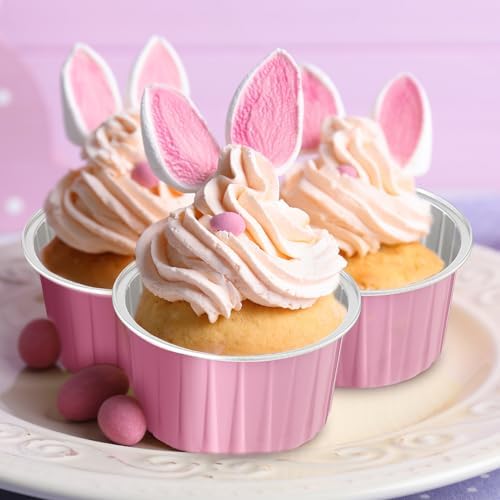 Hushee 300 Set Aluminum Foil Baking Cups with Lid Spoons, Round, Pink