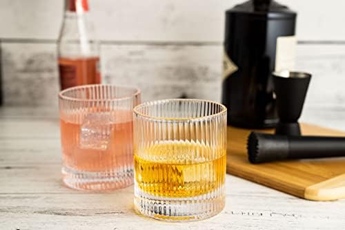 LEMONSODA Vintage Straight Line Lowball Drinking Glass, 10oz Set of 4
