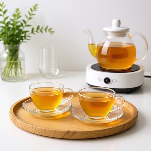 Tosnail 6 Pack 7-Ounce Glass Tea Cups and Saucers Sets Glass Coffee