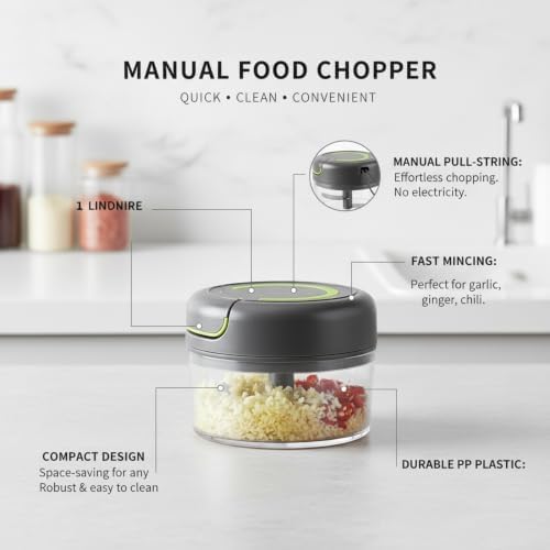 Manual Food Chopper with Pull-String Mechanism for Garlic, Ginger, and