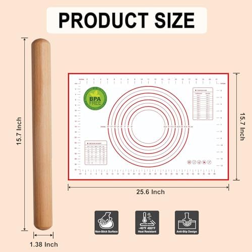 Rolling Pin and Silicone Baking Mat Set, Non-Stick Beech Wood Rolling