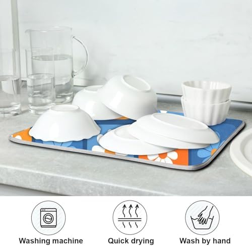 OTVEE Checkerboard Bloom Print Dish Drying Mat for Kitchen Counter