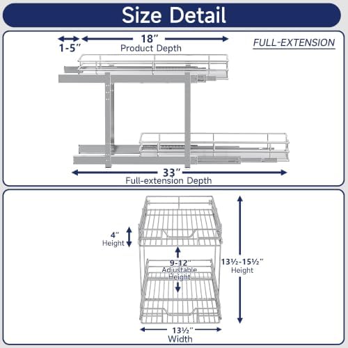 2-Tier Pull Out Cabinet Organizer, 13.5" W x 21.5" D, Heavy Duty Dual Slide Out Shelves for Base Cabinets, Chrome Wire Basket Drawer for Pantry, Kitchen & Bathroom Storage