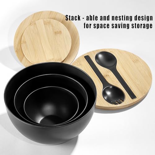 Large Salad Bowls with Bamboo Lids Set of 3, Mixing Nesting Bowls