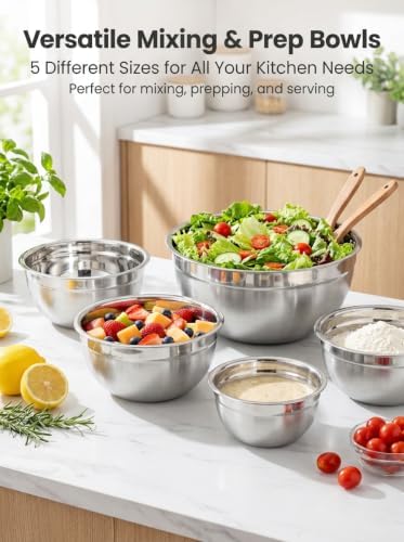 Stainless Steel Mixing Bowls with Lids, 10Pcs 5 Sizes Nesting Bowls