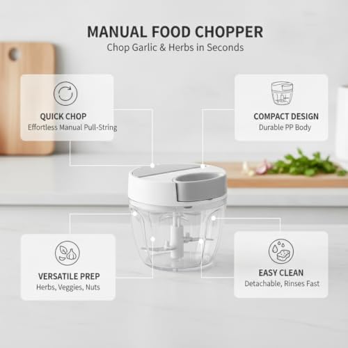 Durable PP Plastic Manual Food Chopper, Pull-String Garlic Mincer for