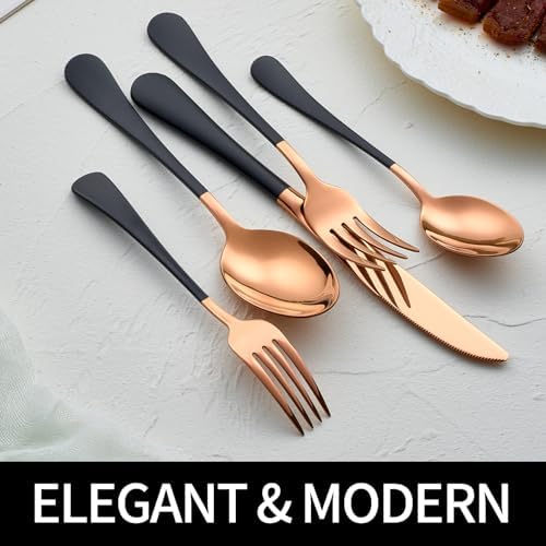 20-Pieces Rose Gold and Black Silverware Sets for 4,Black Handle