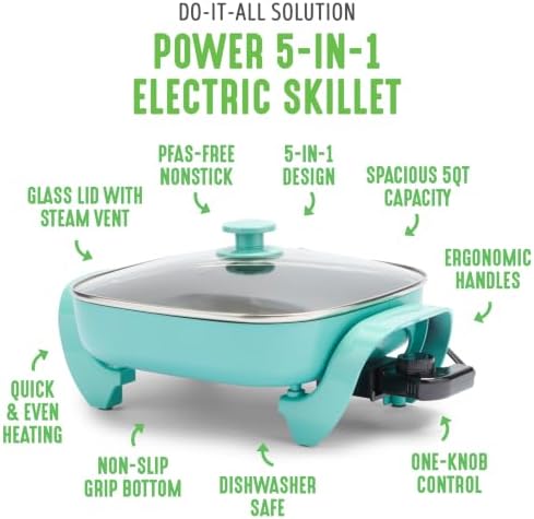 GreenLife 12" 5QT Electric Skillet, Turquoise