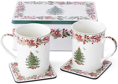 Spode Christmas Tree 5-Piece Mug & Tin Set - Porcelain Mugs & Cork
