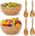 2 Sets Wood Salad Bowl with Spoons Forks, Large Natural Wooden Bowls